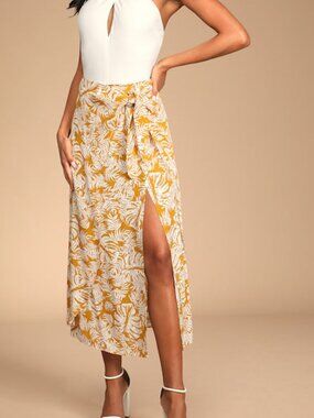 Lulus Ocean Breezes Mustard Yellow Tropical Print Wrap Midi Skirt - Size M